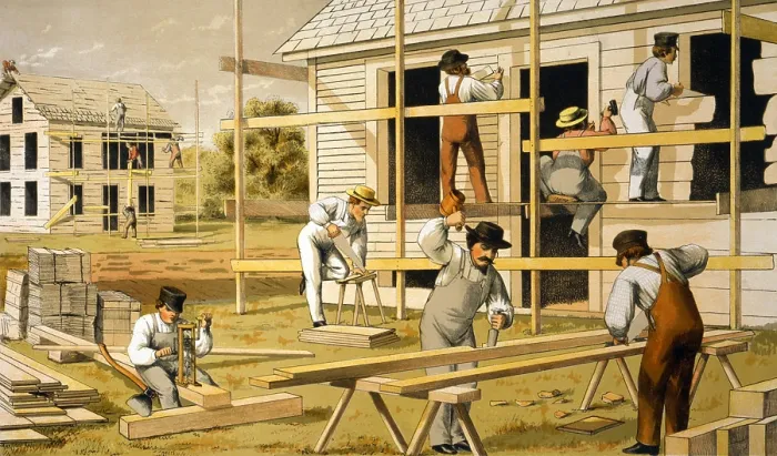 Framed Print : Carpenters at work building two houses. Ca. 1874 Framed Print : Carpenters at work building two houses. Ca. 1874
