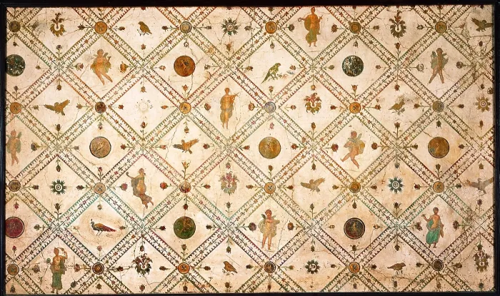 Framed Print : Carpet Wall, by unknown artist, 54-69, 1st Century A.D. ripped fresco, 107 x 183 cm - Italy, Campania, Naples, National Archaeological Museum, Room LXXVII, inv. 9661