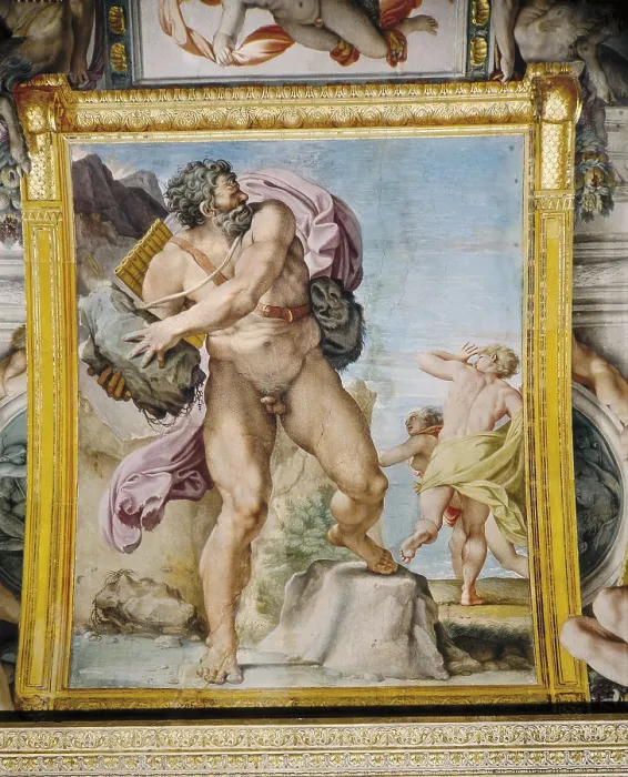Framed Print : CARRACCI, Agostino (1557-1602); CARRACHE, Annibale. The Galleria Farnese. 1597-1602. ITALY. Rome. Farnese Palace. Detalle. El ciclope Polifemo lanza furioso una roca del Etna