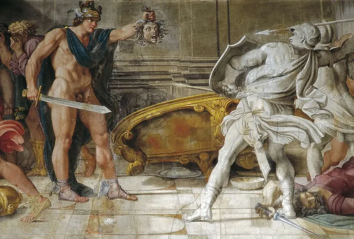 Framed Print : CARRACCI, Agostino (1557-1602); CARRACHE, Annibale. The Galleria Farnese. 1597-1602. ITALY. Rome. Farnese Palace. Detail. Perseus holding the head of Medusa. Baroque art. Fresco