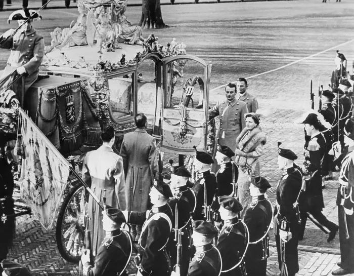 Framed Print : Carriage to take Queen Juliana and Prince Bernhard to sign of Statute for the Dutch kingdom. Dec. 19, 1954 Framed Print : Carriage to take Queen Juliana and Prince Bernhard to sign of Statute for the Dutch kingdom. Dec. 19, 1954