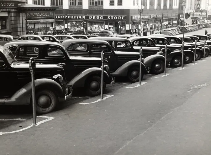 Framed Print : Cars parked diagonally along parking meters, Omaha, Nebraska, photograph by John Vachon, November, 1938 Framed Print : Cars parked diagonally along parking meters, Omaha, Nebraska, photograph by John Vachon, November, 1938