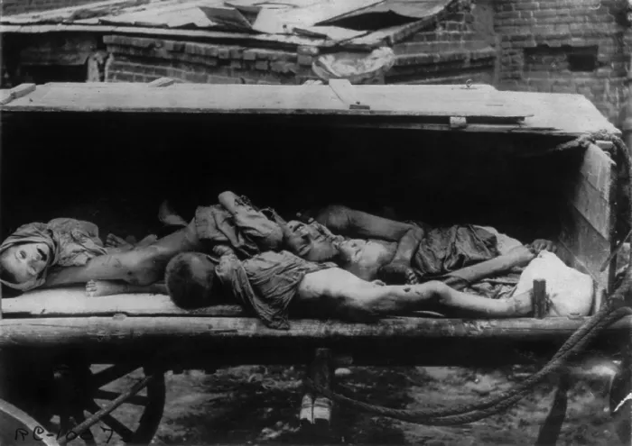 Framed Print : Cart-load of dead children at collecting station #138, Samara Province, in southwestern Russia, Dec. 1921. Red Cross photo (BSLOC_2020_2_118)