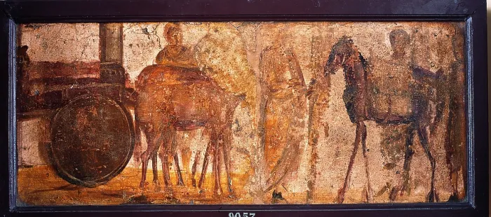 Framed Print : Cart with Mules, by unknown artist, 62-79, 1st Century A.D. ripped fresco, 34 x 84 cm - Italy, Campania, Naples, National Archaeological Museum, Room LXXVIII, inv. 9057 Framed Print : Cart with Mules, by unknown artist, 62-79, 1st Century A.D. ripped fresco, 34 x 84 cm - Italy, Campania, Naples, National Archaeological Museum, Room LXXVIII, inv. 9057