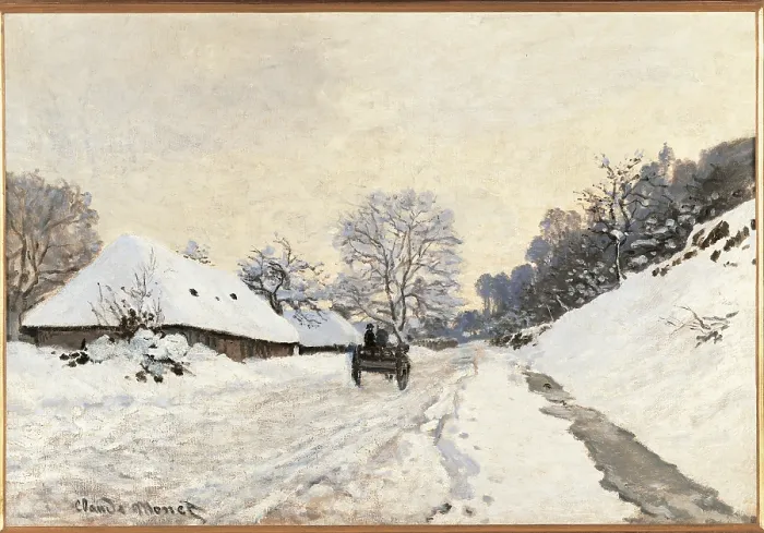 Framed Print : The Cart. Route in the Snow, near Honfleur, by Claude Monet, 1867 about, 19th Century, oil on canvas, cm 65 x 92, 5 - France, Ile de France, Paris, Muse dOrsay, RF2011. All