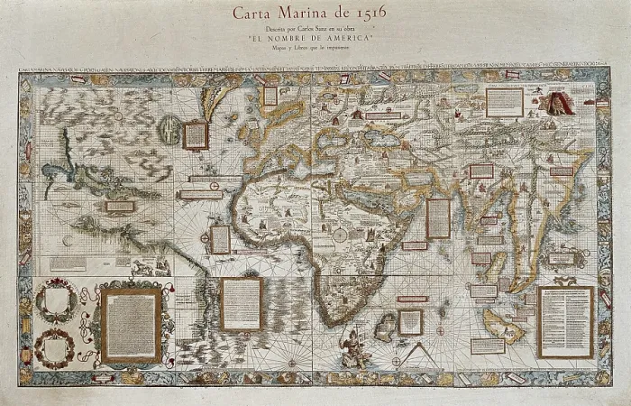 Framed Print : Carta marina (map of the sea). 1516. Facsimile. Sea map described by Carlos Sainz in his work 'The name of America'. Engraving. SPAIN. Madrid. America's Museum