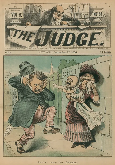 Framed Print : Cartoon of a baby crying out I want my pa as Grover Cleveland passes