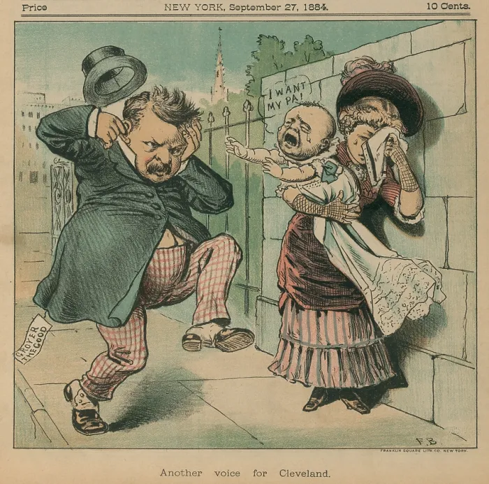 Framed Print : Cartoon of a baby crying out I want my pa as Grover Cleveland passes