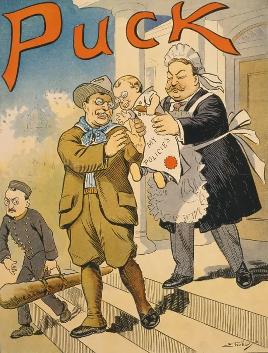 Framed Print : Cartoon commenting on the transition from Roosevelt to Taft presidency in 1909 Framed Print : Cartoon commenting on the transition from Roosevelt to Taft presidency in 1909