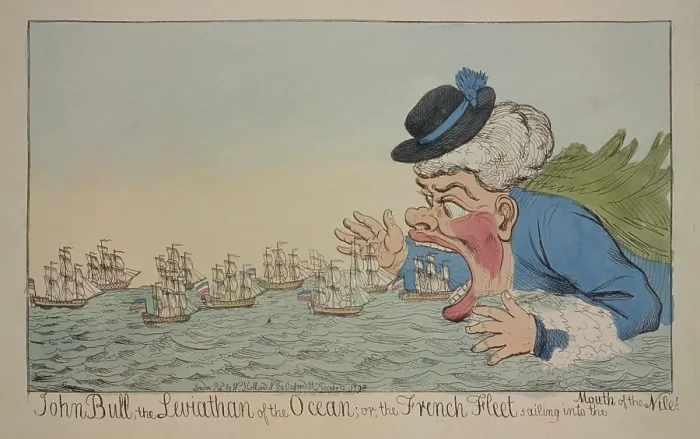 Framed Print : Cartoon depicting Napoleon's Egyptian expedition sailing into the mouth of John Bull. In the Battle of the Nile the British Navy destroyed the French fleet