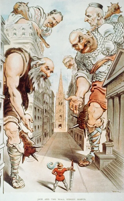 Framed Print : Cartoon depicts President Theodore Roosevelt as Jack, in 'Jack and the Wall Street Giants, ' because of his anti-trust policies aimed at big business and monopolies