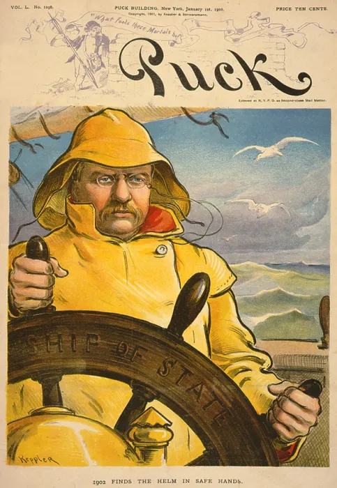 Framed Print : Cartoon entitled '1902 finds the helm in safe hands, ' shows the new president, Theodore Roosevelt Framed Print : Cartoon entitled '1902 finds the helm in safe hands, ' shows the new president, Theodore Roosevelt