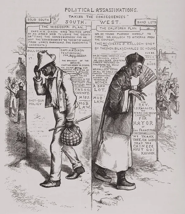 Framed Print : Cartoon from Harper's weekly, showing the parallel oppression of African Americans and Chinese in America, c. 1880 (BSLOC_2019_6_35) Framed Print : Cartoon from Harper's weekly, showing the parallel oppression of African Americans and Chinese in America, c. 1880 (BSLOC_2019_6_35)