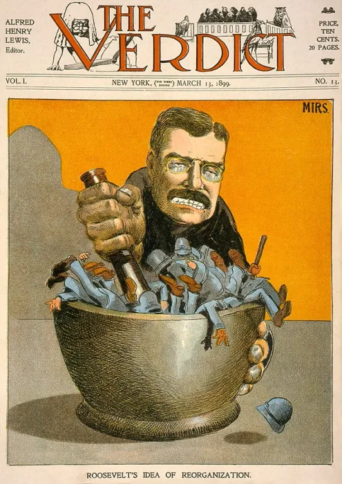 Framed Print : Cartoon of NY Governor Theodore Roosevelt grinding policemen with mortar and pestle Framed Print : Cartoon of NY Governor Theodore Roosevelt grinding policemen with mortar and pestle