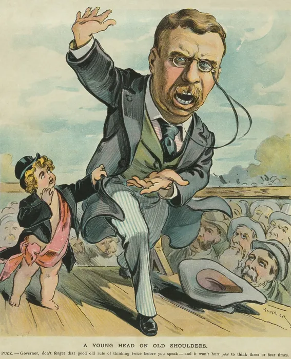 Framed Print : Cartoon of NY Governor Theodore Roosevelt speaking with animation but not restraint. Puck Magazine, Nov. 1, 1899 Framed Print : Cartoon of NY Governor Theodore Roosevelt speaking with animation but not restraint. Puck Magazine, Nov. 1, 1899