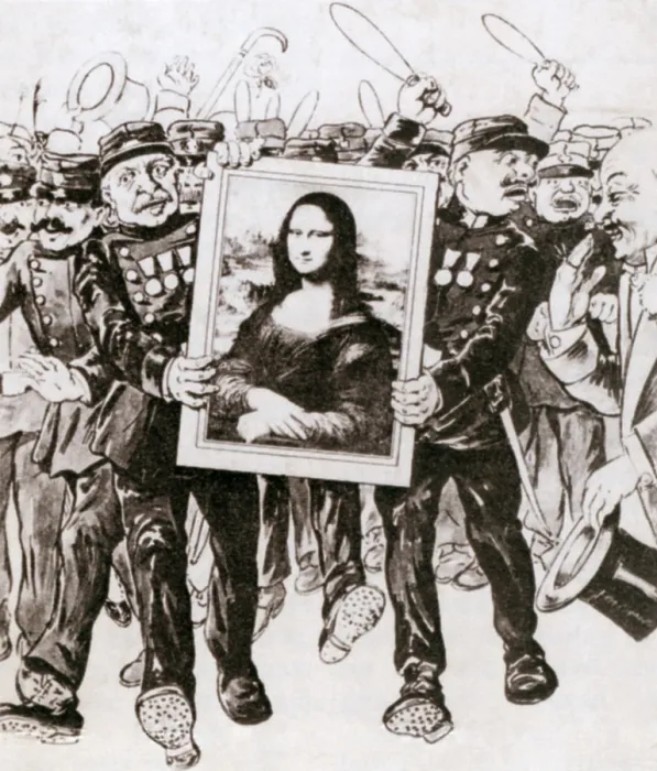 Framed Print : Cartoon of police guarding the Mona Lisa as the painting returns to France