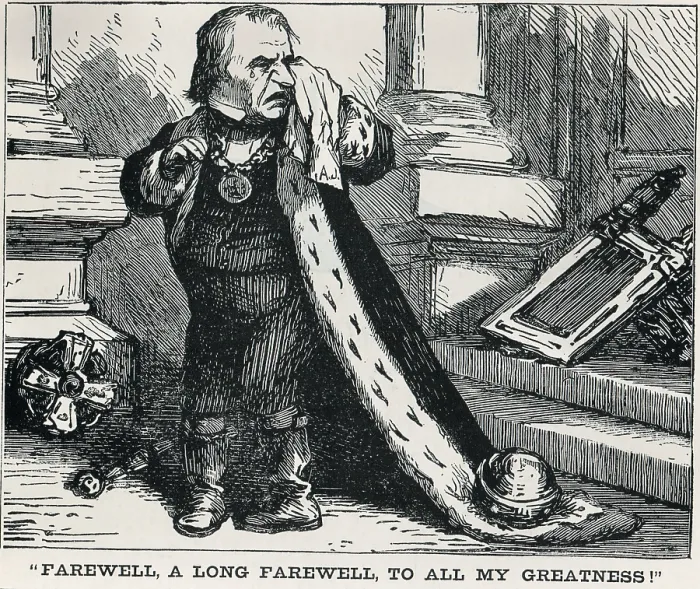 Framed Print : Cartoon of President Andrew Johnson, dressed in a king's robes, crying Framed Print : Cartoon of President Andrew Johnson, dressed in a king's robes, crying