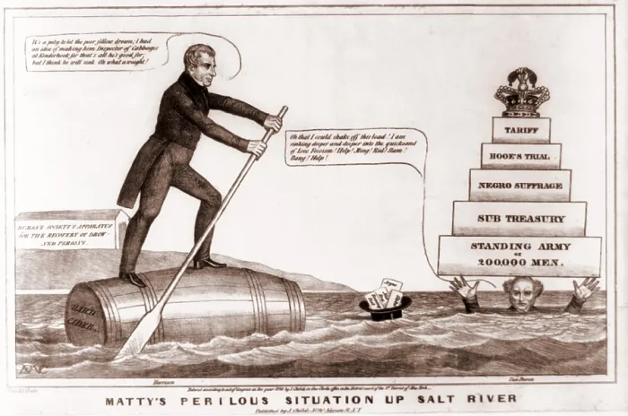 Framed Print : Cartoon of the Presidential Election of 1840. Incumbent President Van Buren sinks under the weight of Jacksonian Democracy. Harrison stands by on his hard cider barrel