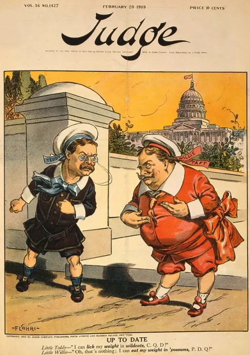 Framed Print : Cartoon showing president elect William Taft (1857-1930) already sparing with his predecessor, Theodore Roosevelt (1858-1919) Framed Print : Cartoon showing president elect William Taft (1857-1930) already sparing with his predecessor, Theodore Roosevelt (1858-1919)