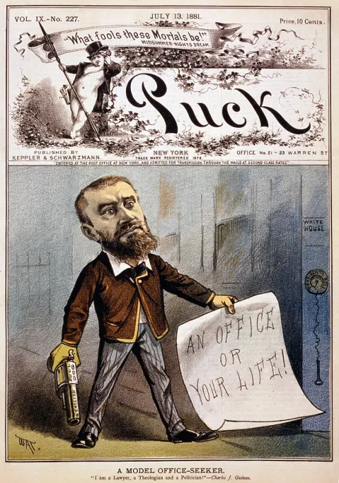 Framed Print : Cartoon showing presidential assassin Charles J. Guiteau holding pistol and paper reading, an office or your life!'. Color lithograph, 1881