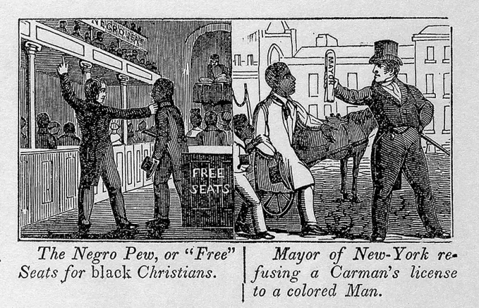 Framed Print : Cartoons depicting the racial discrimination suffered by free blacks in the cities of the Northern Free states. Illustrations of the Antislavery Almanac for 1840 Framed Print : Cartoons depicting the racial discrimination suffered by free blacks in the cities of the Northern Free states. Illustrations of the Antislavery Almanac for 1840