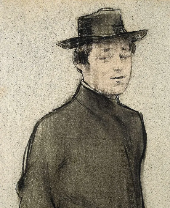 Framed Print : CASAS i CARBO, Ramn (1866-1932). Portrait of Isidre Nonell. 1898. Detail. Atomized charcoal and background. Modernism. Drawing. SPAIN. Barcelona. National Art Museum of Catalonia