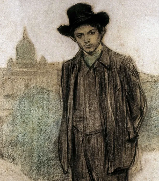 Framed Print : CASAS i CARBO, Ramn (1866-1932). Portrait of Pablo Picasso. 1900. Detail. Charcoal and cont crayon highlighted in pastel. Modernism. Drawing. SPAIN. Barcelona