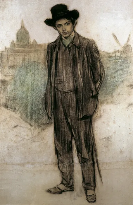 Framed Print : CASAS i CARBO, Ramon (1866-1932). Portrait of Pablo Picasso. 1900. Charcoal and conte crayon highlighted in pastel. Modernism. Drawing. SPAIN. Barcelona