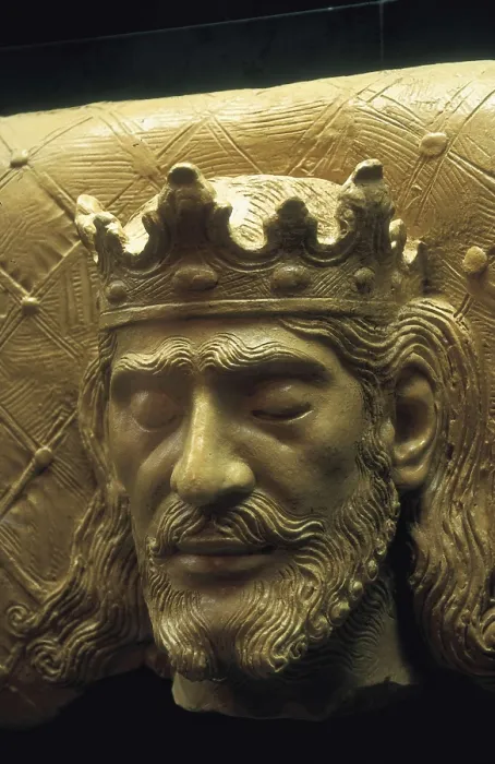 Framed Print : CASCALLS, Jaume (?-1379); JOHN I of Aragon (1350-1396). Sepulchre of Juan I of Aragon. Detail of the head. Catalan school. Alabaster. Gothic art. Sculpture; Sculpture on wood