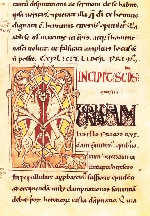 Framed Print : CASIANO, Juan (360-435). Oriental monk and ascetic monk. Page with miniature of 'De Incarnatione Domini contra Nestorium'. Manuscript of 12th c. Romanesque art