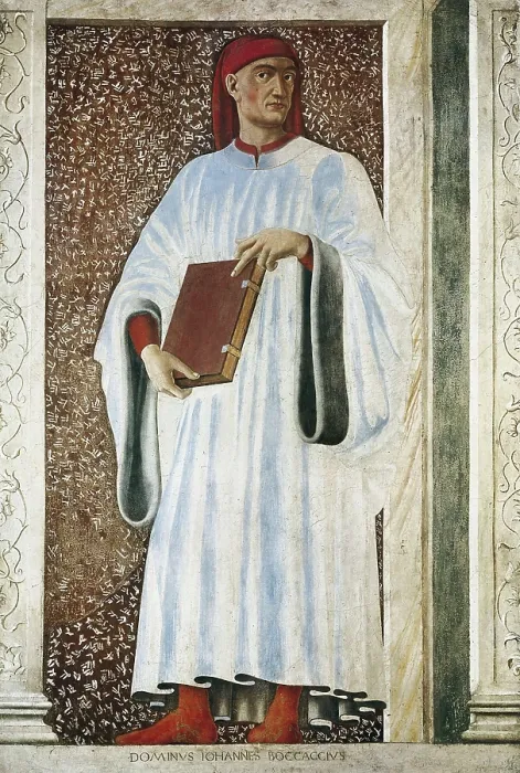 Framed Print : CASTAGNO, Andrea del (1423-1457). Giovanni Boccaccio. ca. 1450. Portrait holding a book, from a cycle of famous personages. Fresco transferred to canvas. Fresco. ITALY. Florence