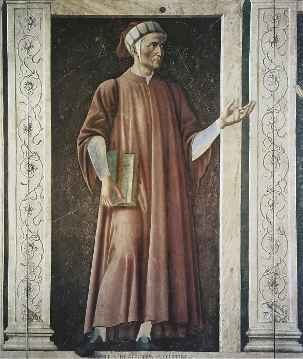 Framed Print : CASTAGNO, Andrea del (1423-1457). Dante Alighieri. ca. 1450. Portrait holding a book, from a cycle of famous personages. Fresco transferred to canvas. Renaissance art