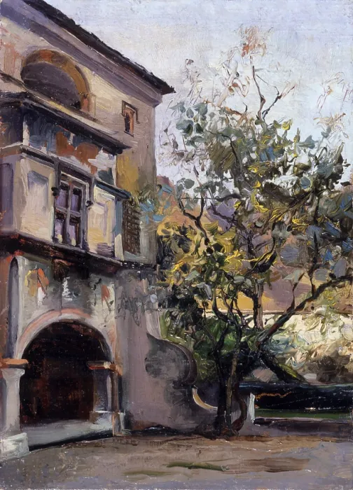 Framed Print : Castel in Issogne (Castello di Issogne), by Demetrio Cosola, 1870 - 1895, 19th Century, oil on board - Private collection. Whole artwork view. Sight of the courtyard with a tree