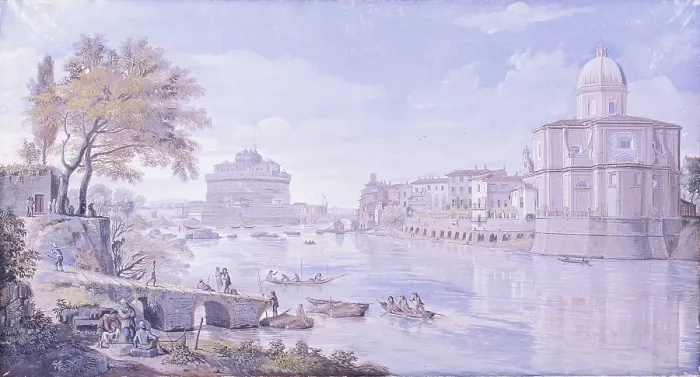 Framed Print : Castel Sant'Angelo and the apse of San Giovanni dei Fiorentini, by Gaspar Van Wittel also known as Gaspare Vanvitelli, 1680 - 1690, 17th Century, tempera on parchment - Italy
