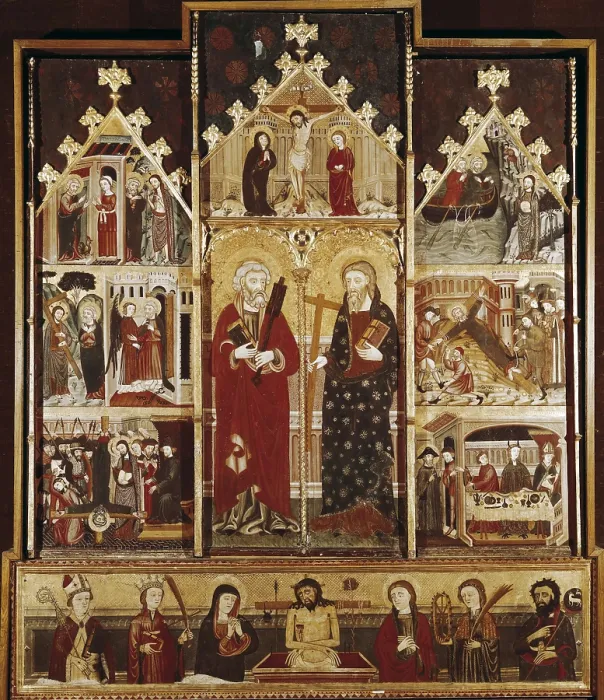 Framed Print : CASTELLFOLLIT, Master of (before 1400). Altarpiece of Saint Peter and Saint Andrew. ca. 1400. Tempera on wood. SPAIN. Barcelona. National Art Museum of Catalonia. Proc: SPAIN