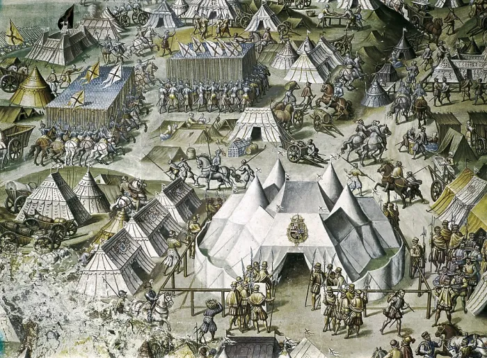 Framed Print : CASTELLO, Fabrizio (1562-1617). Battle of St. Quentin. 1590-1591. The spanish troops defeated the french of Henry II in 1557. Detail of the spanish camp and the tent of Philip II Framed Print : CASTELLO, Fabrizio (1562-1617). Battle of St. Quentin. 1590-1591. The spanish troops defeated the french of Henry II in 1557. Detail of the spanish camp and the tent of Philip II