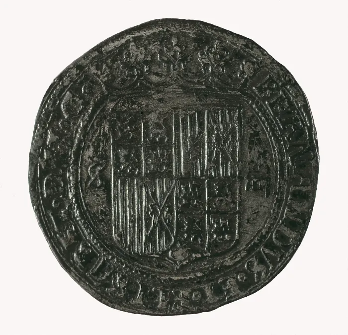 Framed Print : Castilian 'real de a 4' coin of the period of the Catholic Monarchs (Sevilla). Coin. SPAIN. Barcelona. Numismatic Cabinet of Catalonia