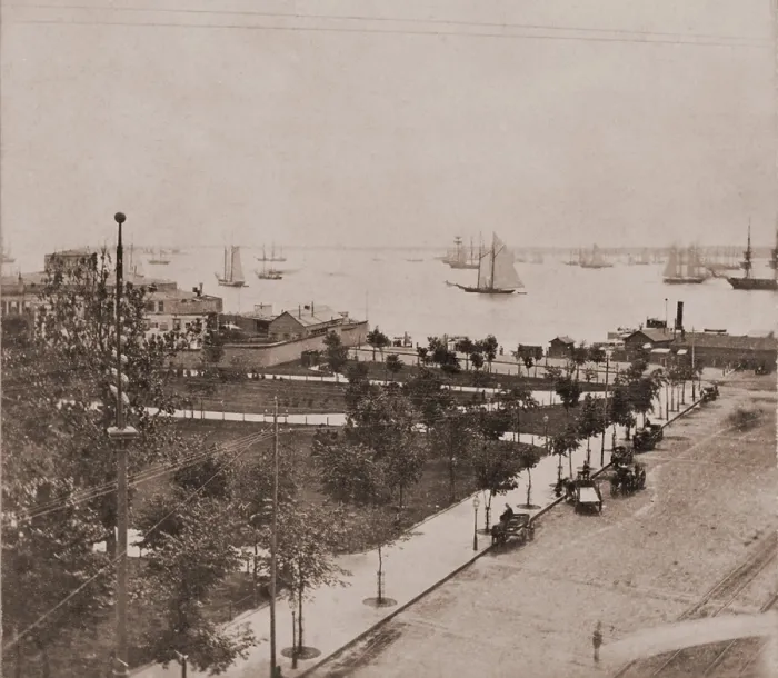 Framed Print : Castle Garden immigration station showing the original circular fort and newer outbuildings to accommodate the growing flow of immigrants in the last decade of the 19th century