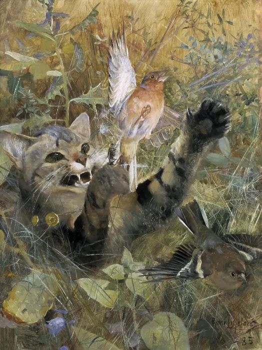 Framed Print : A Cat and a Chaffinch, 1885, by Bruno Liljefors, 1860-1939, Swedish painting, oil on canvas
