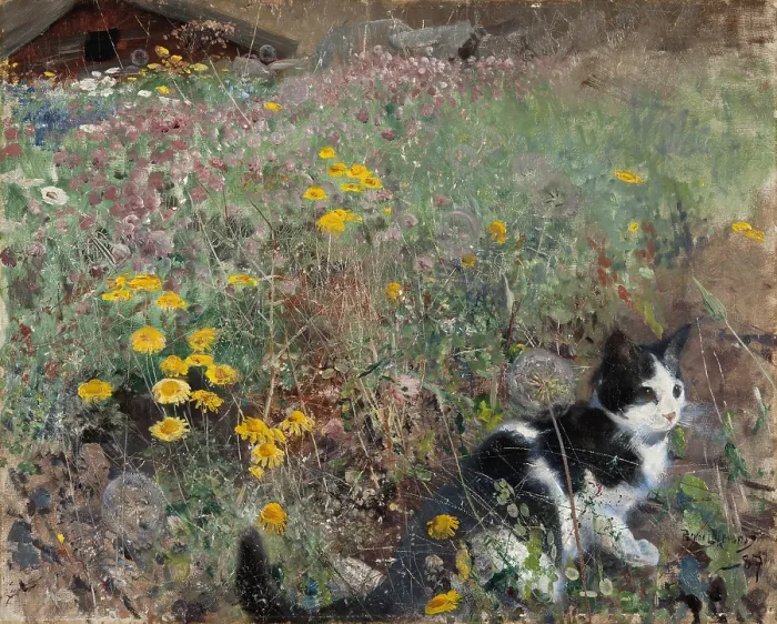 Framed Print : Cat on a Flowery Meadow, 1887, by Bruno Liljefors, 1860-1939, Swedish painting, oil on canvas