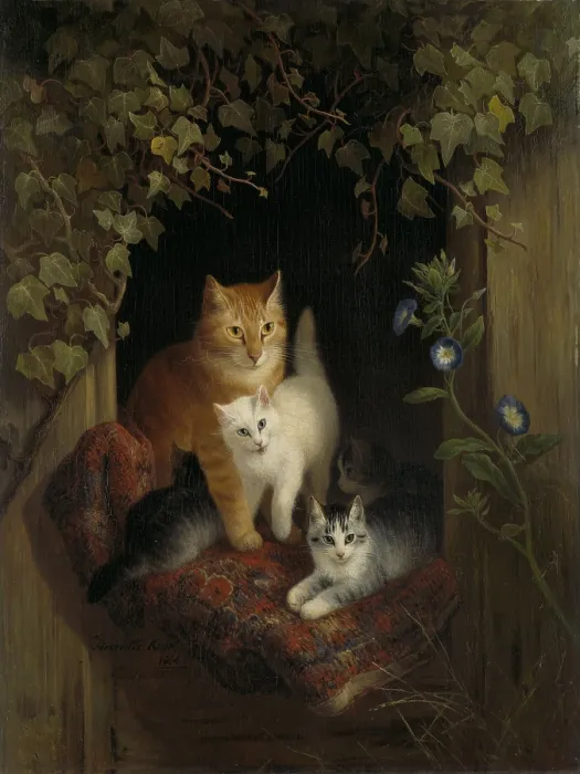 Framed Print : Cat with Kittens, by Henriette Ronner, c. 1844, Belgian-Dutch painting on panel. Cat with four kittens in an ivy framed window of a wooden building. They sit on a red blanket