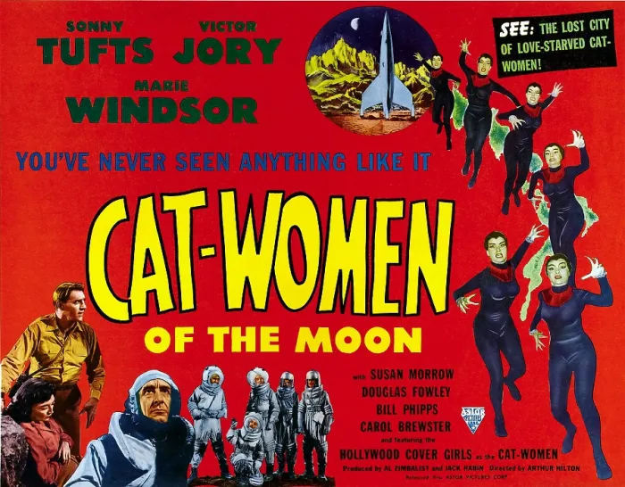 Framed Print : CAT-WOMEN OF THE MOON, bottom, left from left, Sonny Tufts, Marie Windsor, Victor Jory, 1953
