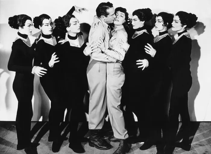 Framed Print : CAT-WOMEN OF THE MOON, center from left, Victor Jory, Marie Windsor, embrace, while being menaced by the Cat-Women, 1953
