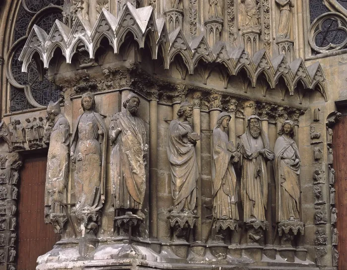 Framed Print : Cathedral of Notre-Dame of Reims. 1211-1311. FRANCE. Reims. Cathedral of Notre-Dame. Sculptural group of the western faade. Detail. Gothic art. Sculpture on rock