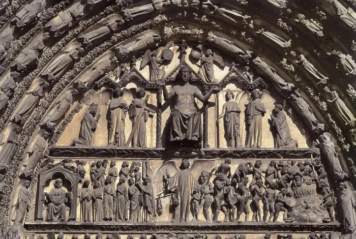 Framed Print : Cathedral of Saint-Etienne. FRANCE. Bourges. West faade with the porticos of the Final Judgement (center), Annunciation (left) and Saint Stephen's lapidation (right)
