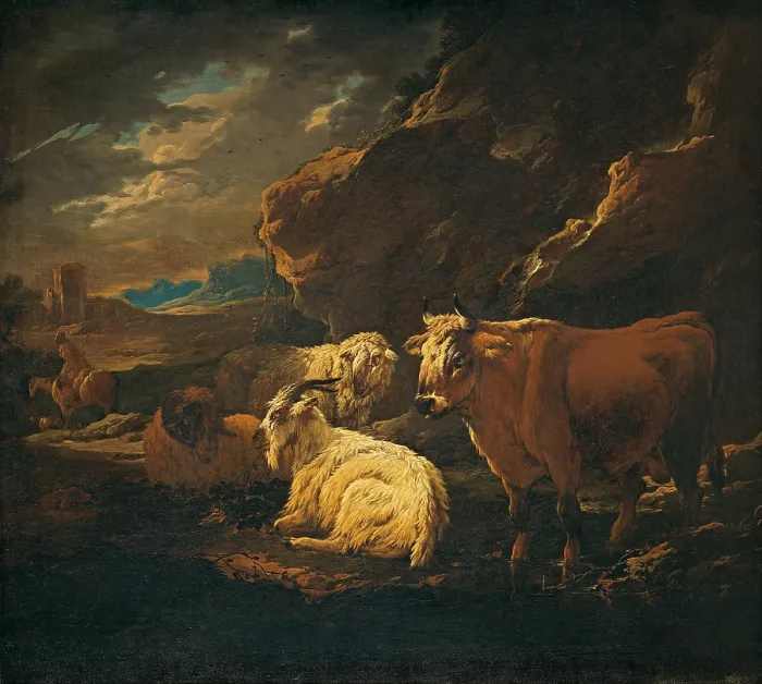 Framed Print : Cattle, Goats and Sheep in a Landscape, by Anonymous close to Philipp Peter Roos also called Rosa from Tivoli, ca
