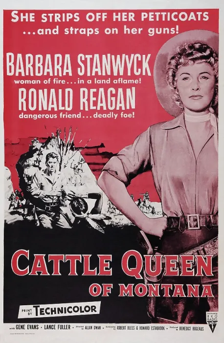 Framed Print : CATTLE QUEEN OF MONTANA, US poster, from left: Ronald Reagan, Barbara Stanwyck, 1954