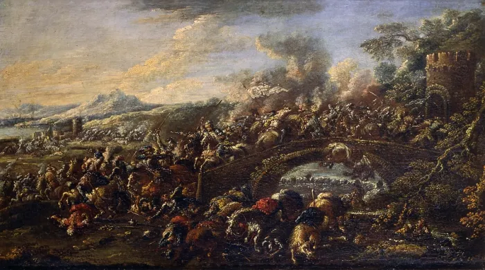 Framed Print : Cavalry battle on a bridge, by Pietro Graziani, 18th Century, oil on canvas - Italy, Lombardy, Milan, Castello Sforzesco, Civic Collection of Ancient Art. Whole artwork view