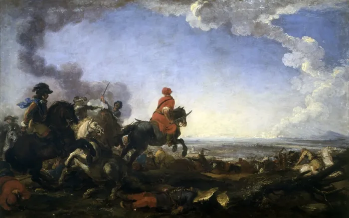 Framed Print : Cavalry battle between Turks and Christians, attributed to Jacques Courtois also known as Borgognone, 1650 - 1674, 17th Century, oil on canvas, 96 x 153 cm - Italy, Lombardy Framed Print : Cavalry battle between Turks and Christians, attributed to Jacques Courtois also known as Borgognone, 1650 - 1674, 17th Century, oil on canvas, 96 x 153 cm - Italy, Lombardy