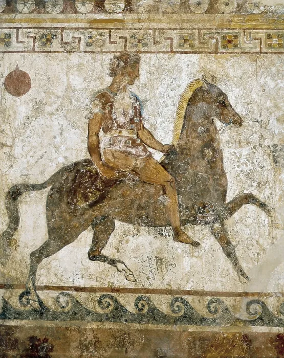 Framed Print : Cavalryman. Funeral painting with Greek soldiers. 4th c. BC. Classical Greek art. Fresco. ITALY. Naples. National Museum of Archaeology. Proc: ITALY. Paestum